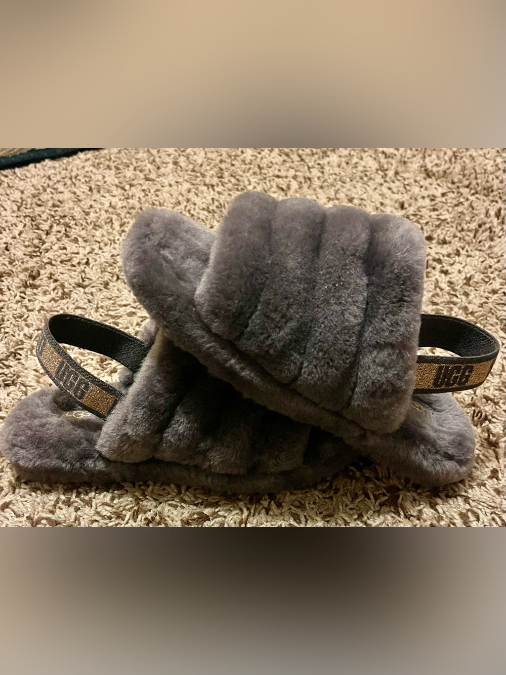 UGG Gray Fluff Slide Sandals with Branded Back Strap